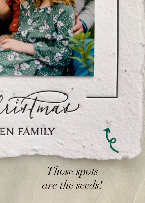 close up of seeded holiday card showing seeds