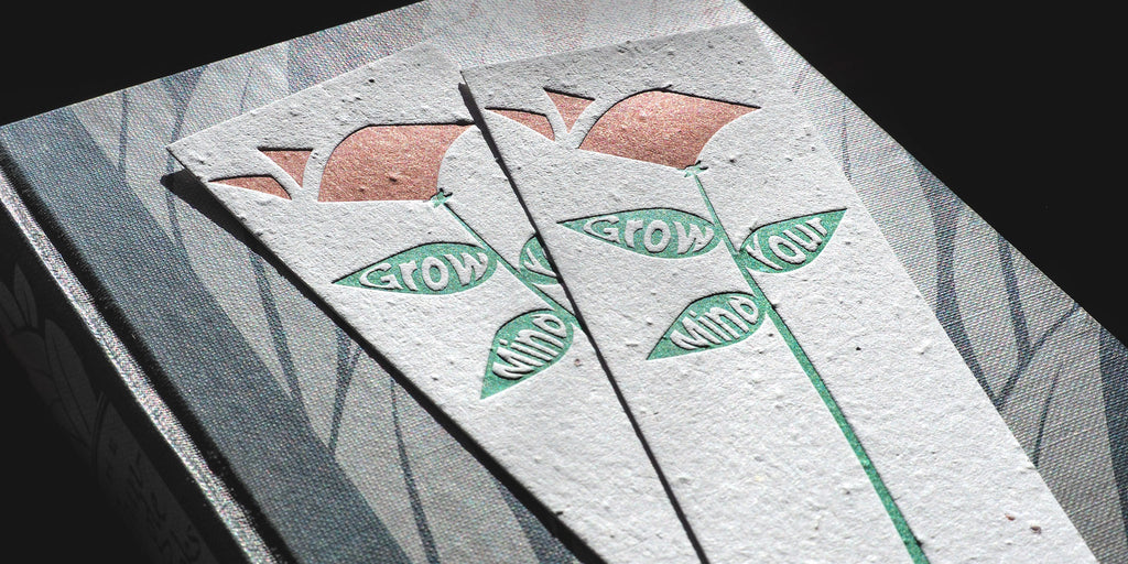 Close up of seeded bookmarks showing letterpress printing