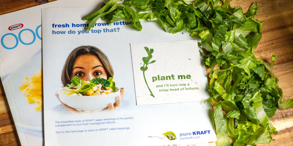 plant me seeded card with magazine insert advertisement next to pile of lettuce