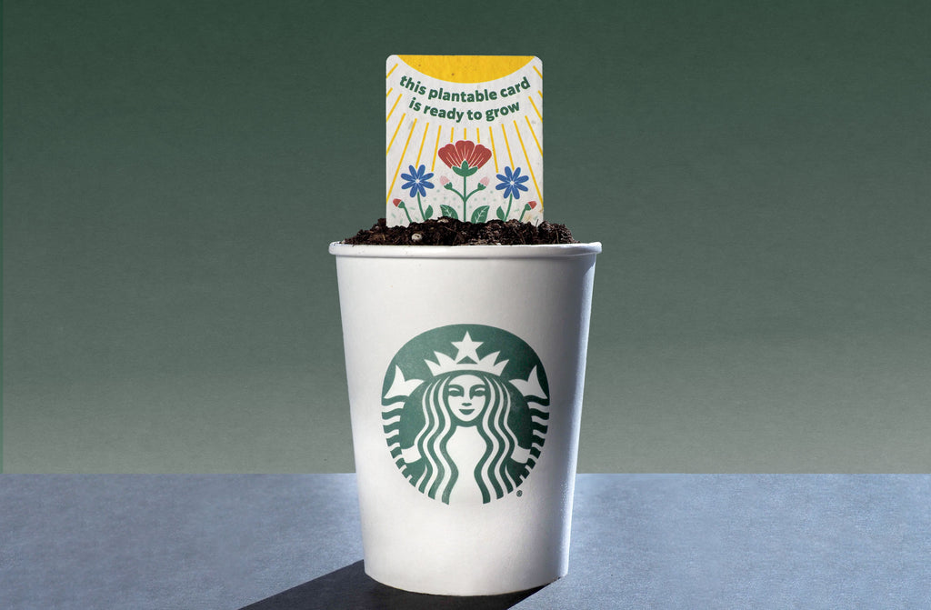 Seeded gift card growing out of starbucks cup